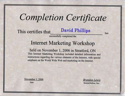 Stores on Line certificate of completion in web design and optimization
